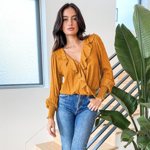 Mustard Yellow Swiss Dot Ruffled Long Sleeve Top - Picture 2 of 5